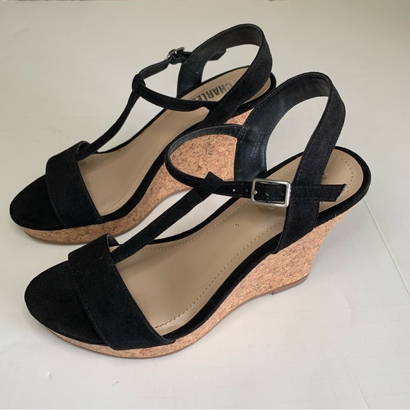 Style CHARLES Black Suede Cork Wedge Sandal Sz 7 - Picture 4 of 12